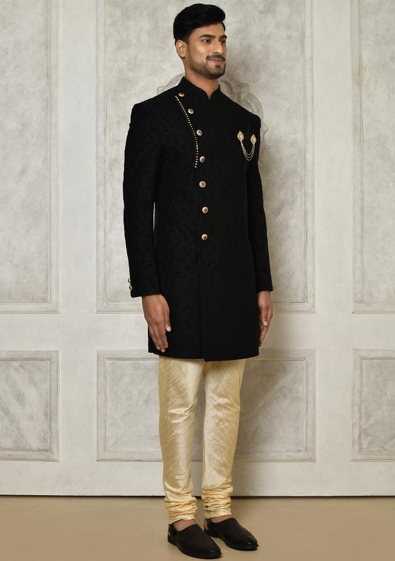Black Embroidered Swed Velvet Indo Western Sherwani Set For Men