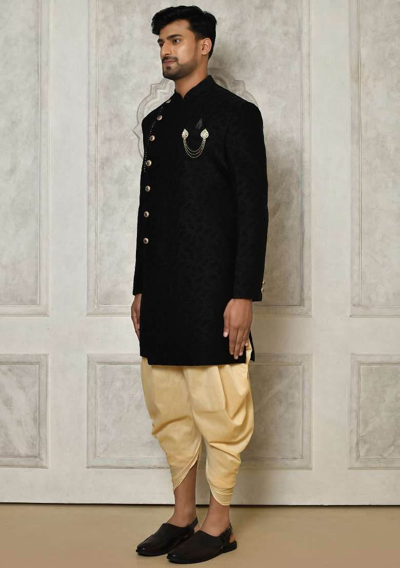 Black Embroidered Swed Velvet Indo Western Sherwani Set For Men - Indya