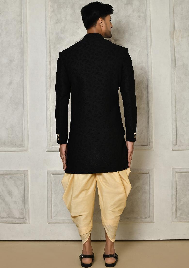 Black Embroidered Swed Velvet Indo Western Sherwani Set For Men