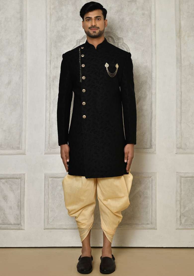 Black Embroidered Swed Velvet Indo Western Sherwani Set For Men - Indya