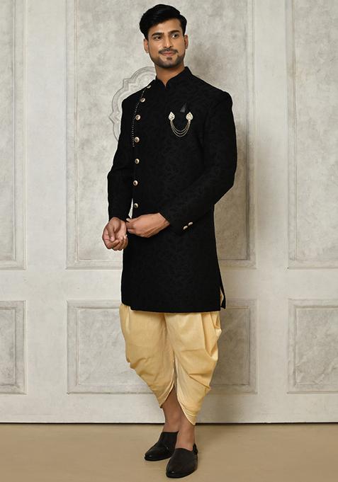 Black Embroidered Swed Velvet Indo Western Sherwani Set For Men — view on Indya