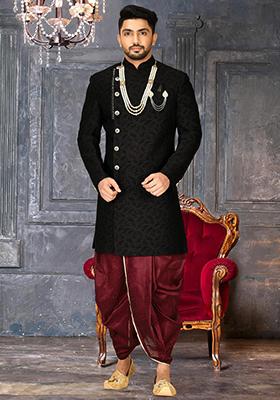 Black Embroidered Swed Velvet Indo Western Sherwani Set For Men