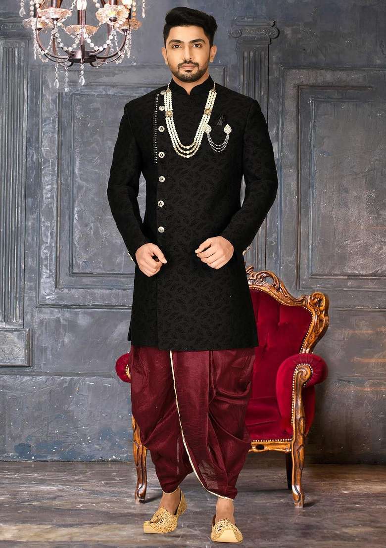 Black Embroidered Swed Velvet Indo Western Sherwani Set For Men - Indya