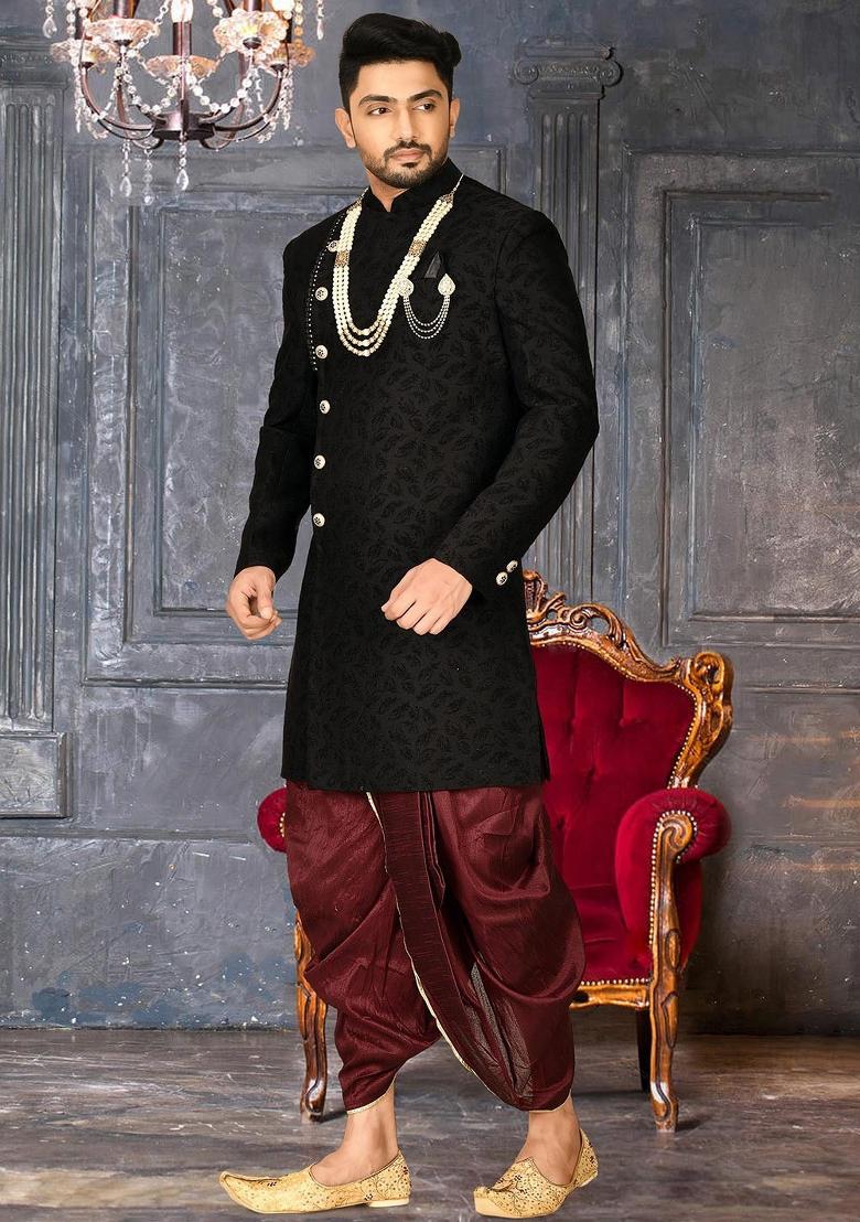 Black Embroidered Swed Velvet Indo Western Sherwani Set For Men
