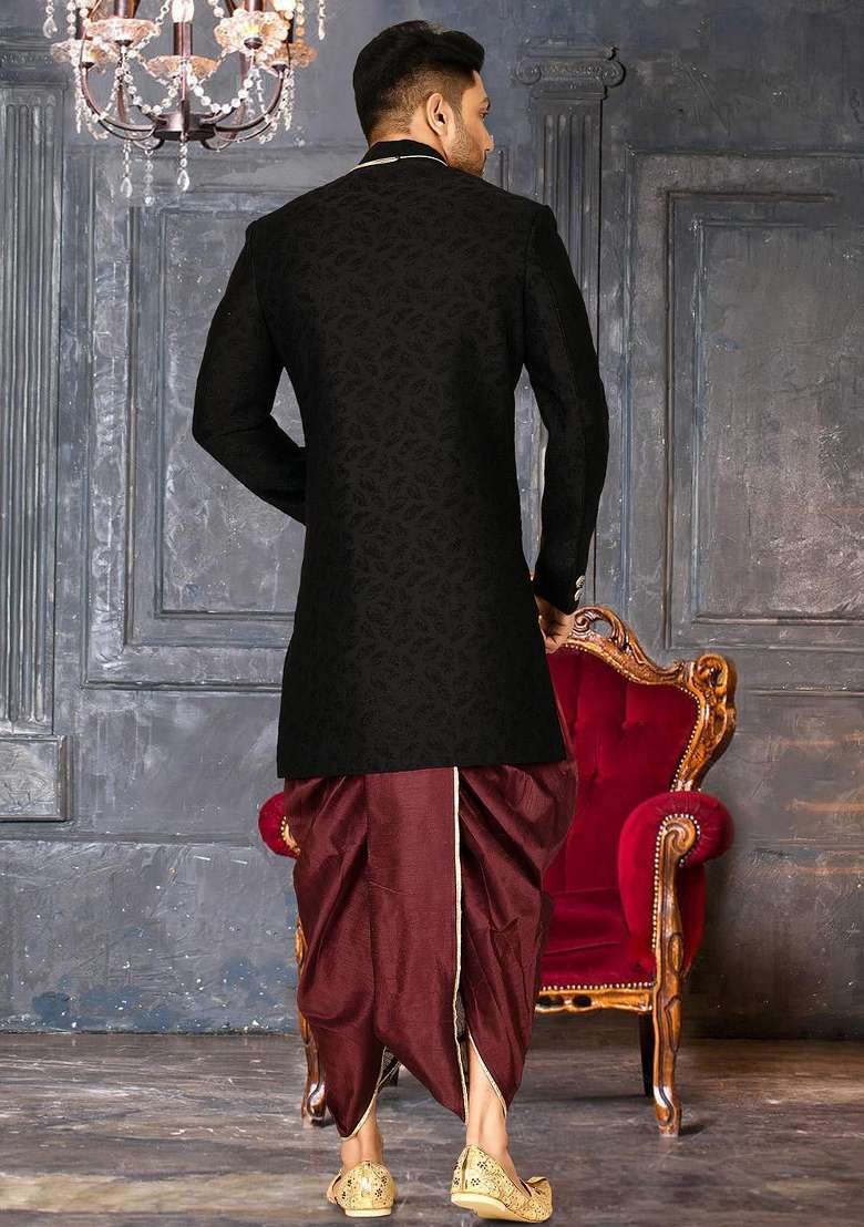 Black Embroidered Swed Velvet Indo Western Sherwani Set For Men - Indya