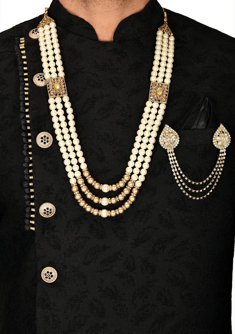 Black Embroidered Swed Velvet Indo Western Sherwani Set For Men