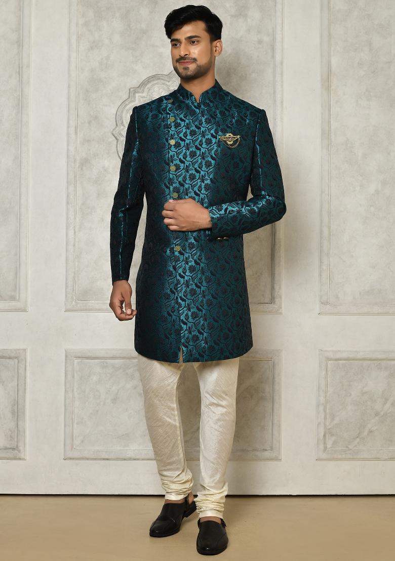 Rama Green Embroidered Jacquard Indo Western Sherwani For Men