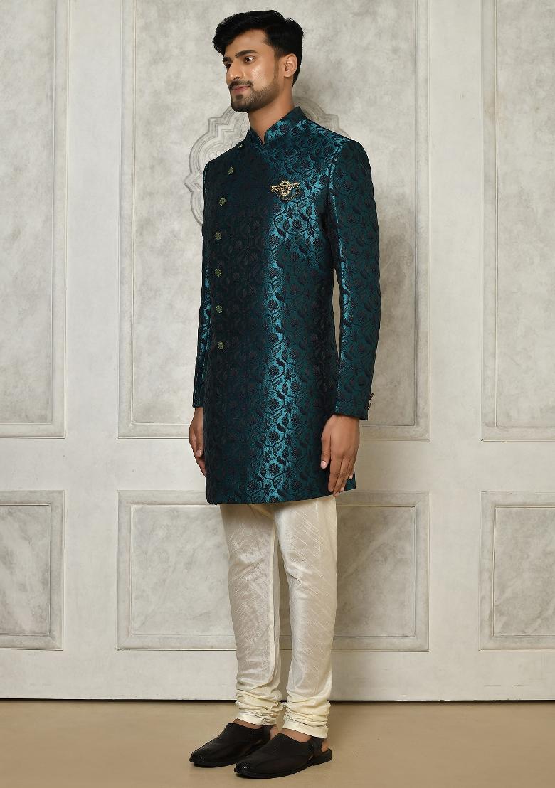 Rama Green Embroidered Jacquard Indo Western Sherwani For Men