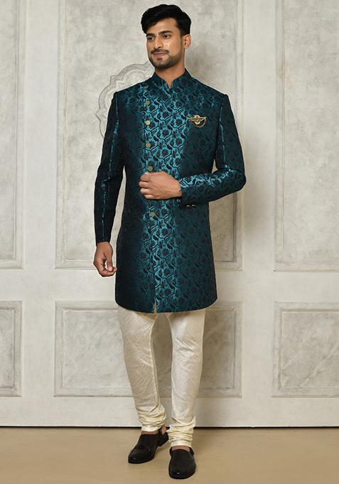 Rama Green Embroidered Jacquard Indo Western Sherwani For Men