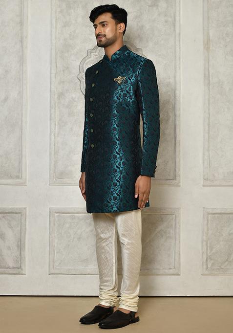 Rama Green Embroidered Jacquard Indo Western Sherwani For Men