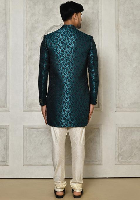 Rama Green Embroidered Jacquard Indo Western Sherwani For Men