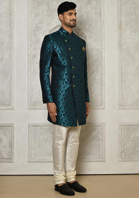 Rama Green Embroidered Jacquard Indo Western Sherwani For Men