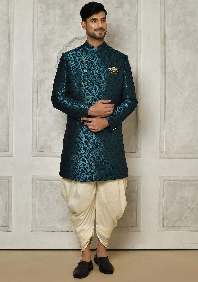 Rama Green Embroidered Jacquard Indo Western Sherwani Set For Men
