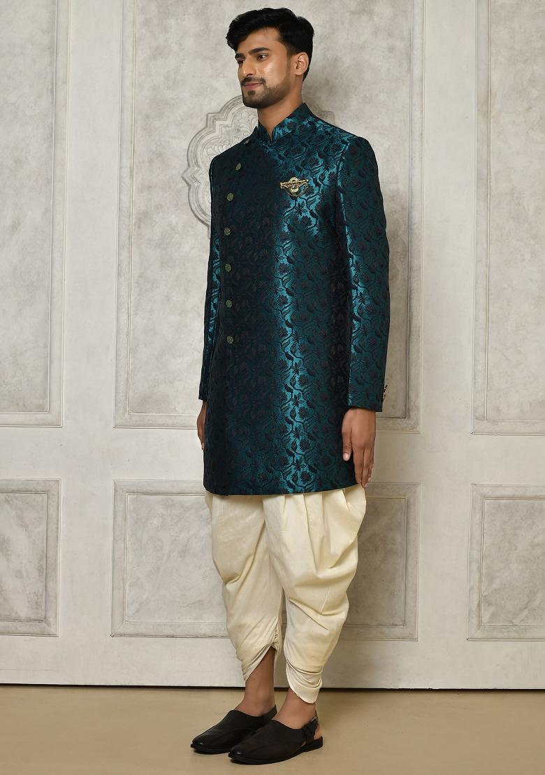 Rama Green Embroidered Jacquard Indo Western Sherwani Set For Men