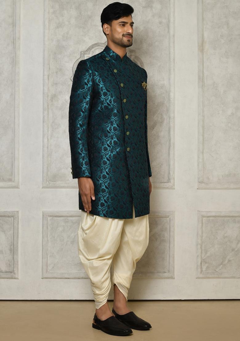 Rama Green Embroidered Jacquard Indo Western Sherwani Set For Men