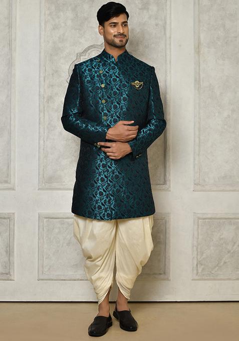 Rama Green Embroidered Jacquard Indo Western Sherwani Set For Men