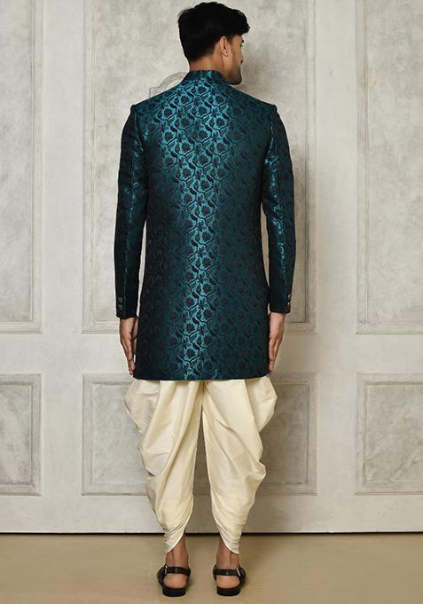 Rama Green Embroidered Jacquard Indo Western Sherwani Set For Men