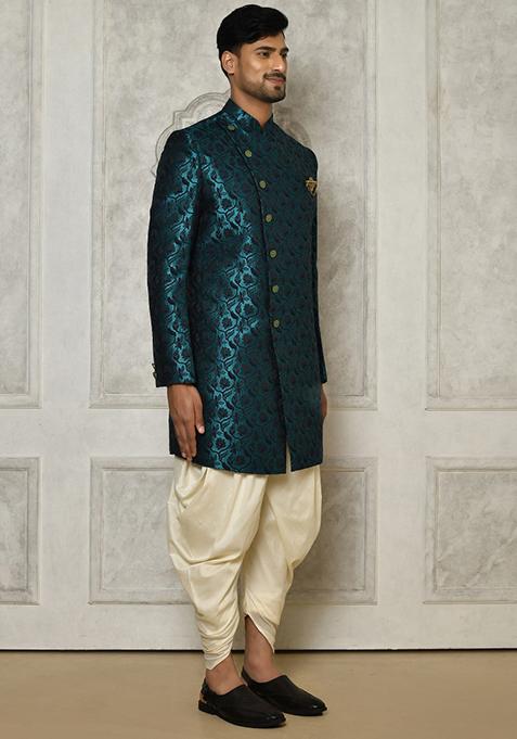 Rama Green Embroidered Jacquard Indo Western Sherwani Set For Men