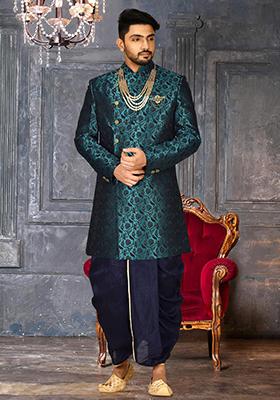 Rama Green Embroidered Jacquard Indo Western Sherwani Set For Men