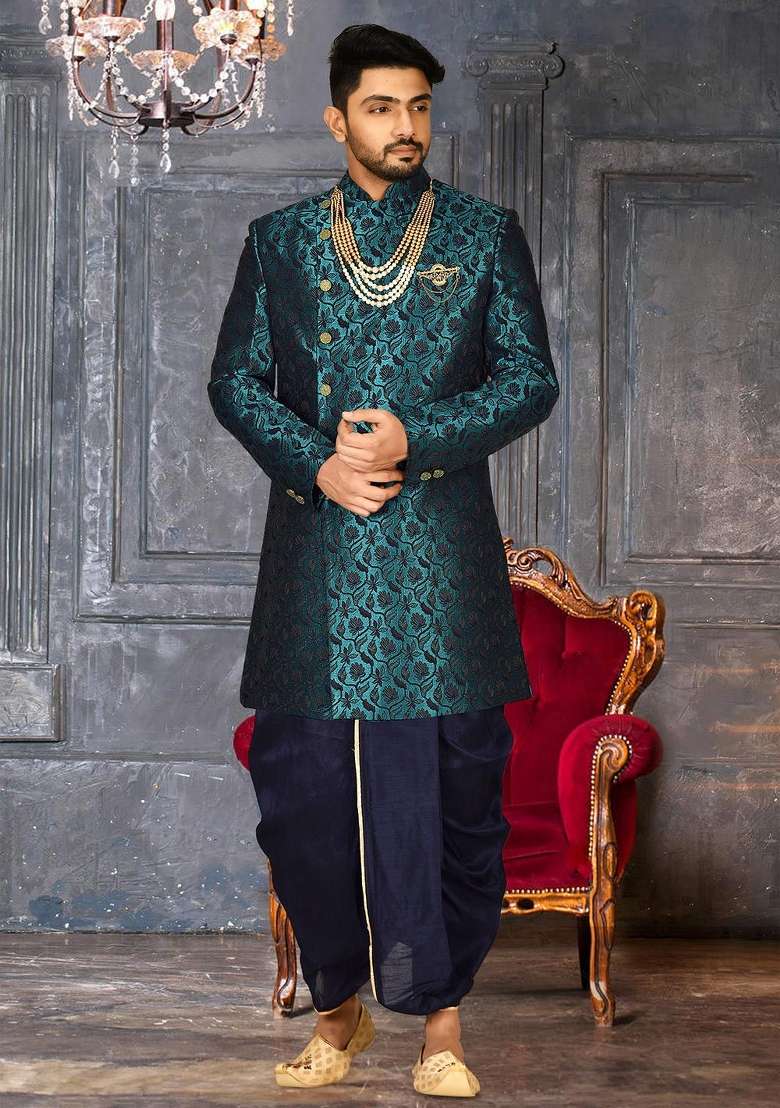 Rama Green Embroidered Jacquard Indo Western Sherwani Set For Men - Indya