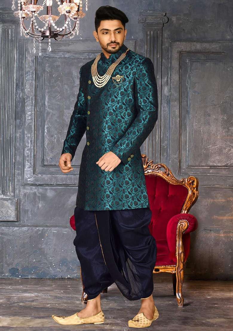 Rama Green Embroidered Jacquard Indo Western Sherwani Set For Men - Indya