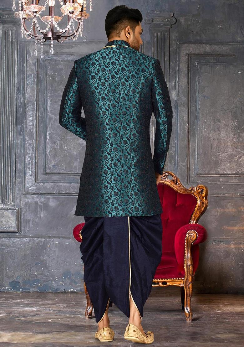 Rama Green Embroidered Jacquard Indo Western Sherwani Set For Men