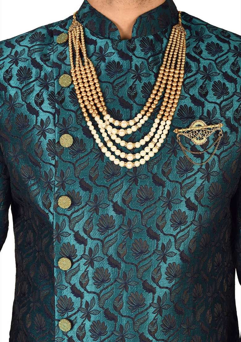 Rama Green Embroidered Jacquard Indo Western Sherwani Set For Men - Indya