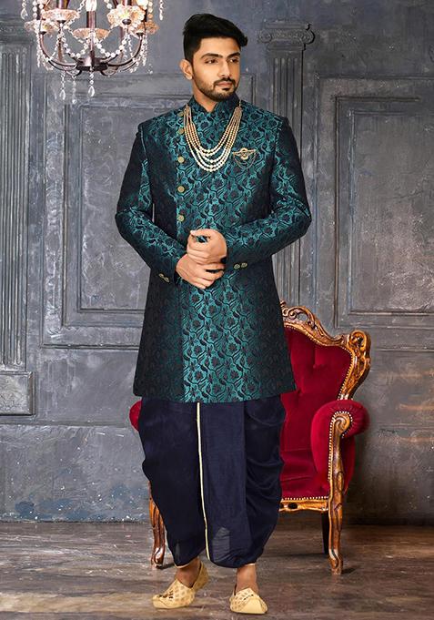 Rama Green Embroidered Jacquard Indo Western Sherwani Set For Men — view on Indya