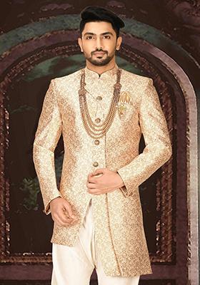 Cream Embroidered Jacquard Indo Western Sherwani For Men