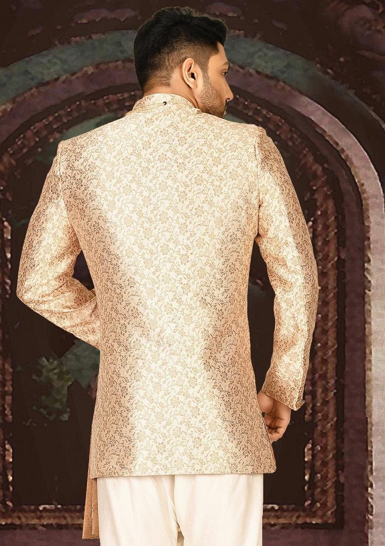 Cream Embroidered Jacquard Indo Western Sherwani For Men