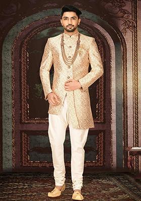Cream Embroidered Jacquard Indo Western Sherwani Set For Men