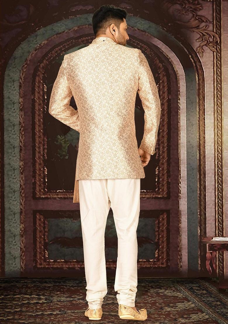 Cream Embroidered Jacquard Indo Western Sherwani Set For Men