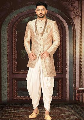 Cream Embroidered Jacquard Indo Western Sherwani Set For Men