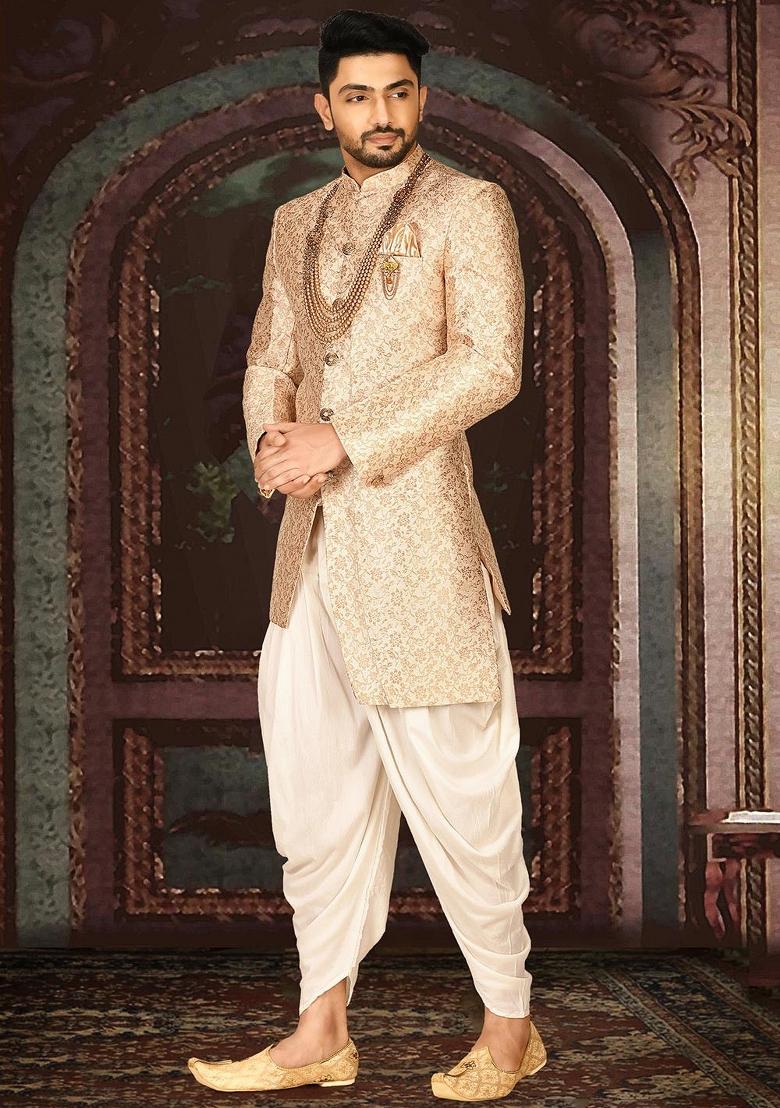 Cream Embroidered Jacquard Indo Western Sherwani Set For Men