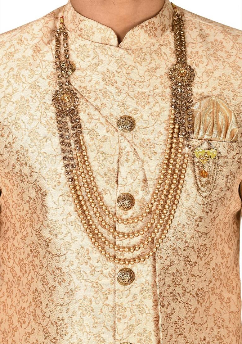 Cream Embroidered Jacquard Indo Western Sherwani Set For Men