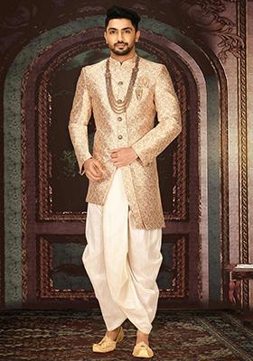 Cream Embroidered Jacquard Indo Western Sherwani Set For Men