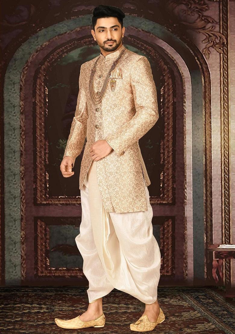 Cream Embroidered Jacquard Indo Western Sherwani Set For Men
