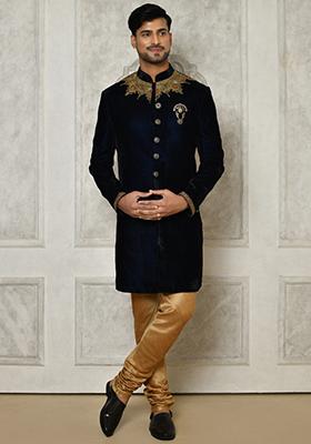 Navy Blue Embroidered Velvet Indo Western Sherwani For Men