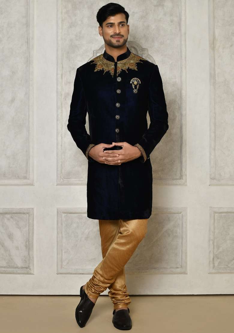 Navy Blue Embroidered Velvet Indo Western Sherwani For Men - Indya