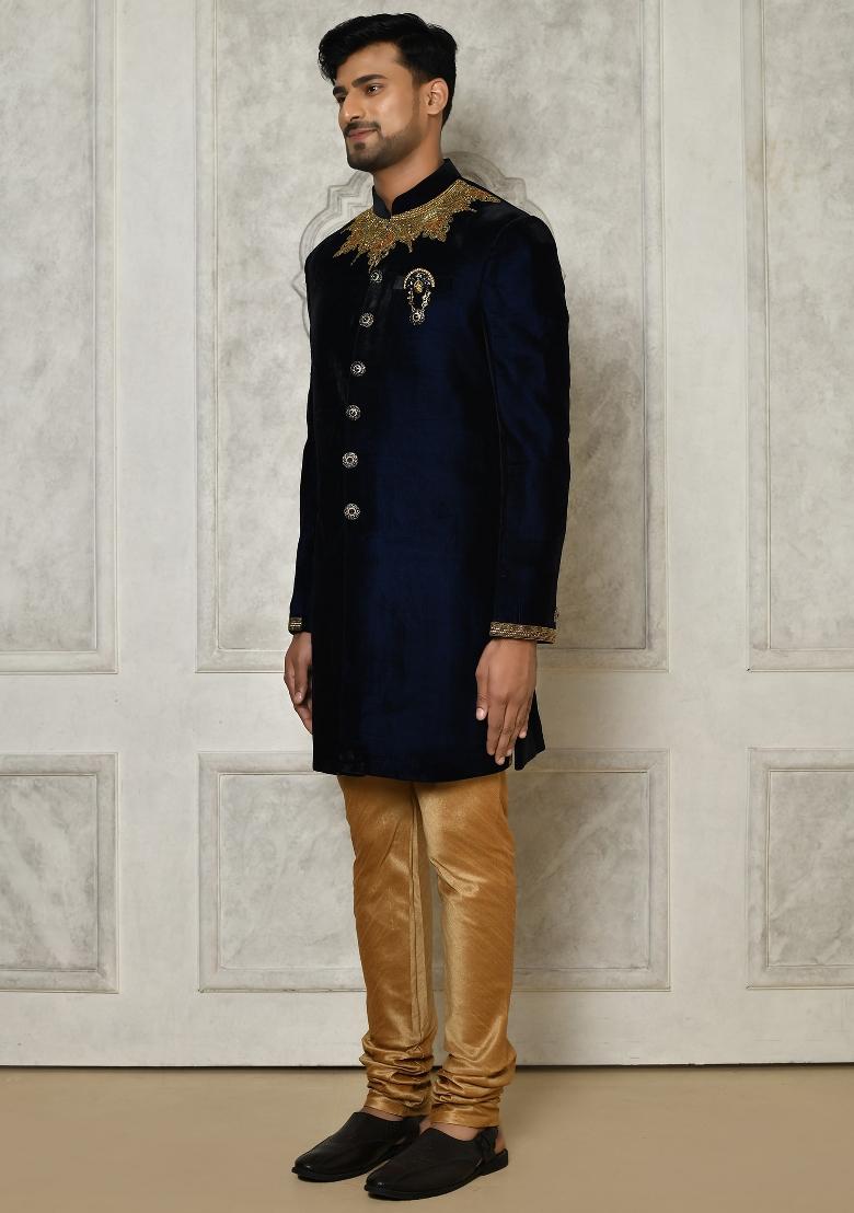 Navy Blue Embroidered Velvet Indo Western Sherwani For Men