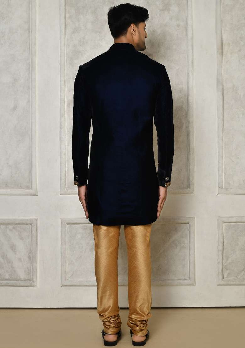 Navy Blue Embroidered Velvet Indo Western Sherwani For Men - Indya