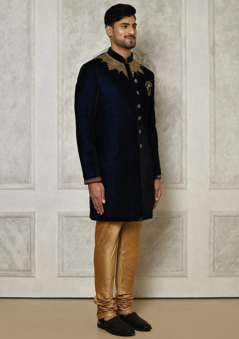 Navy Blue Embroidered Velvet Indo Western Sherwani For Men