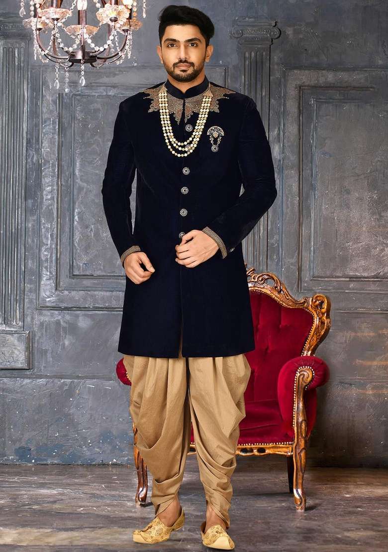 Navy Blue Embroidered Velvet Indo Western Sherwani Set For Men - Indya