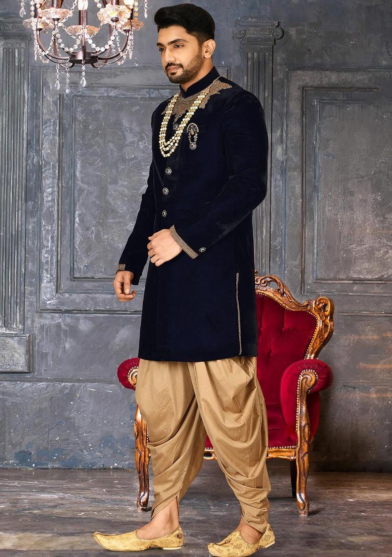 Navy Blue Embroidered Velvet Indo Western Sherwani Set For Men