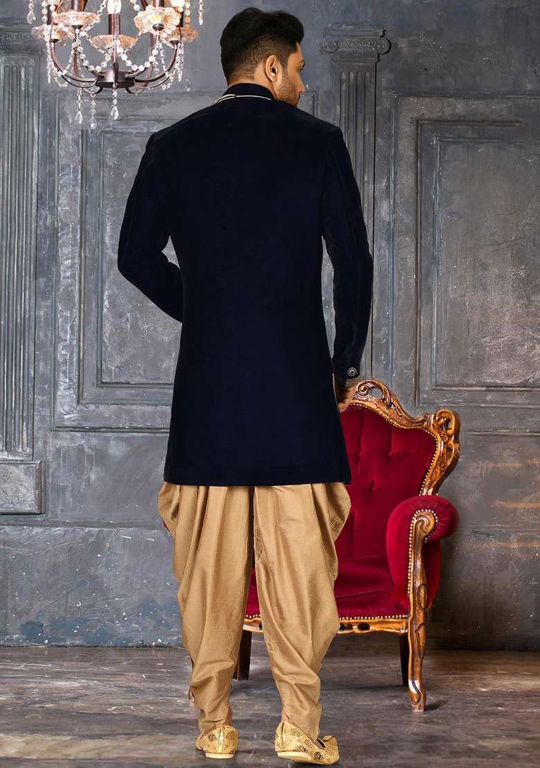 Navy Blue Embroidered Velvet Indo Western Sherwani Set For Men - Indya