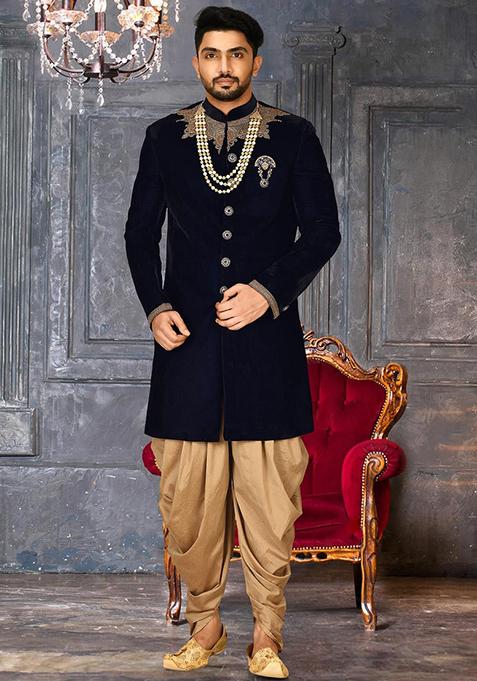 Navy Blue Embroidered Velvet Indo Western Sherwani Set For Men