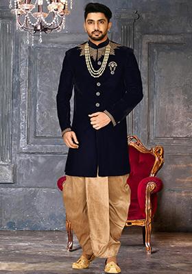 Navy Blue Embroidered Velvet Indo Western Sherwani Set For Men