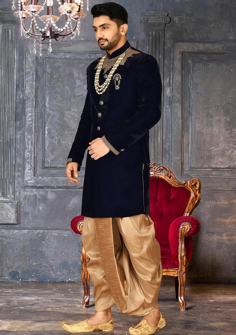 Navy Blue Embroidered Velvet Indo Western Sherwani Set For Men