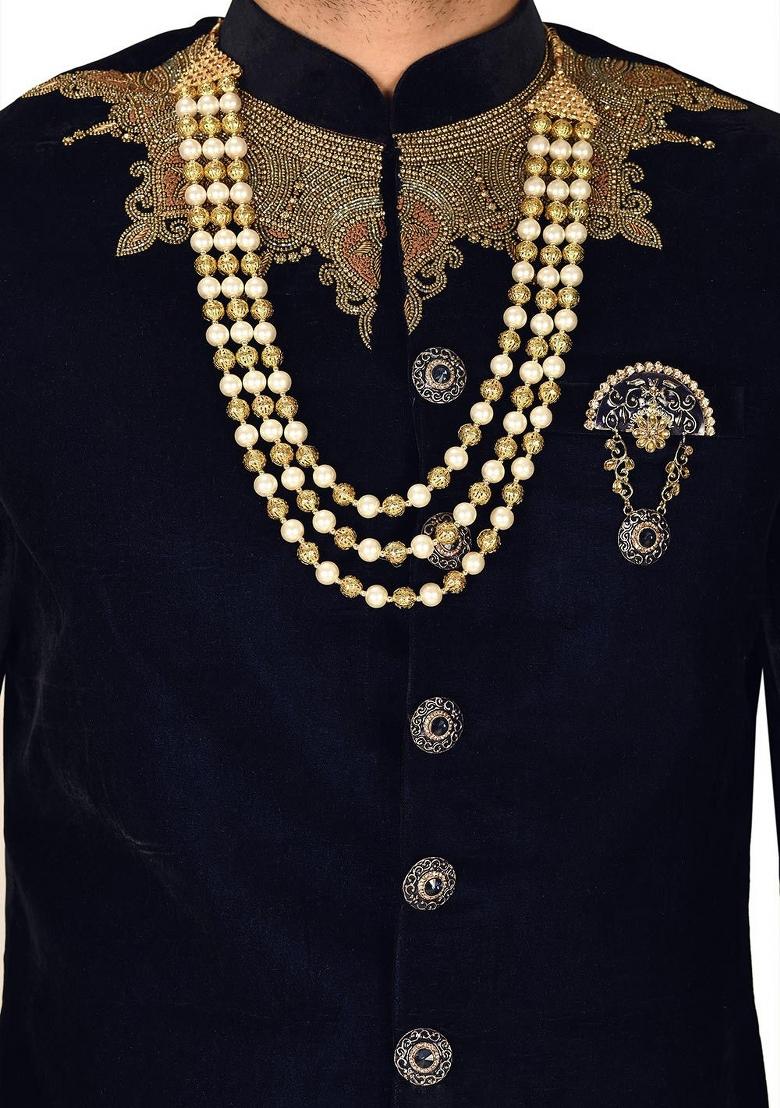 Navy Blue Embroidered Velvet Indo Western Sherwani Set For Men