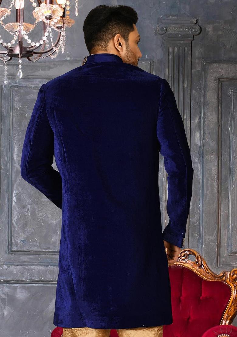 Royal Blue Embroidered Velvet Indo Western Sherwani For Men